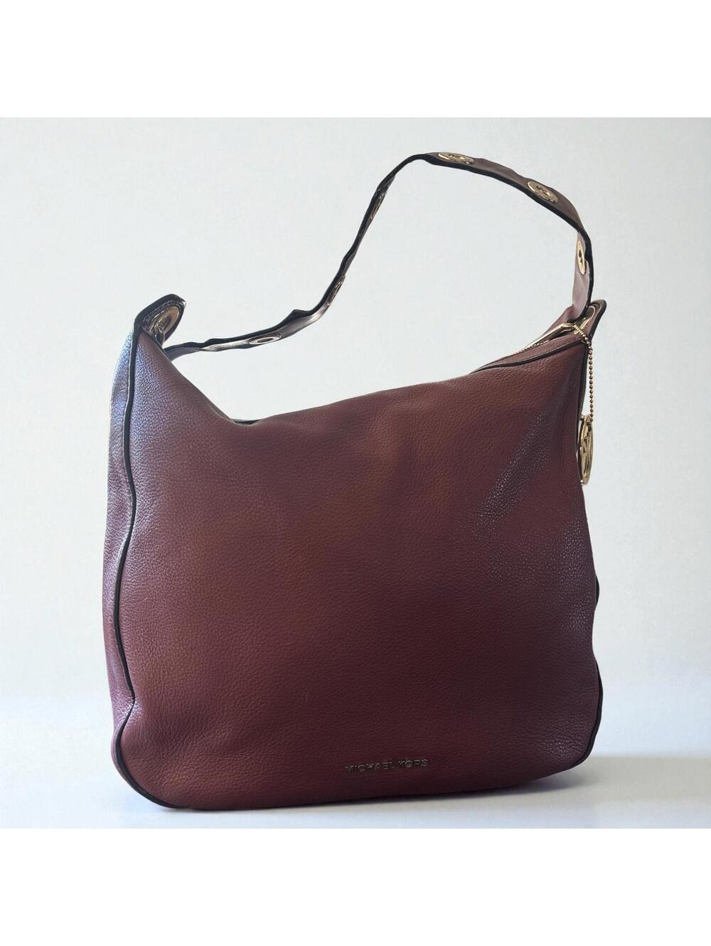 Michael Kors Raven Burgundy Pebbled Leather Shoulder Bag Large Gold Hardware